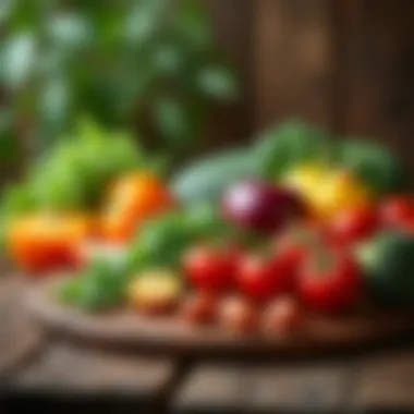 A close-up of fresh seasonal ingredients artfully arranged on a rustic wooden table.