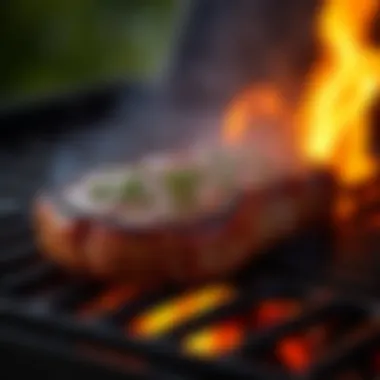 A grill with marinated steak sizzling