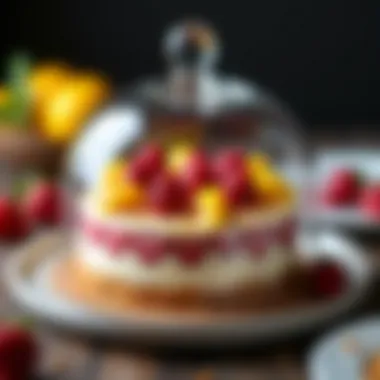 Close-up of a beautifully arranged cake under a dome