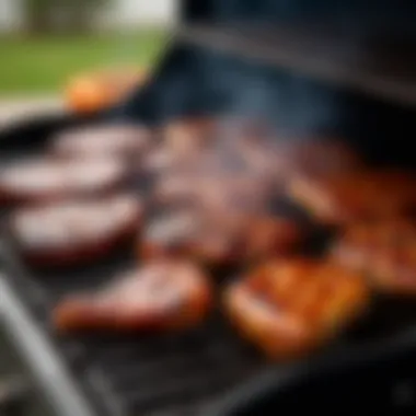 A grill with various meats sizzling on its grates