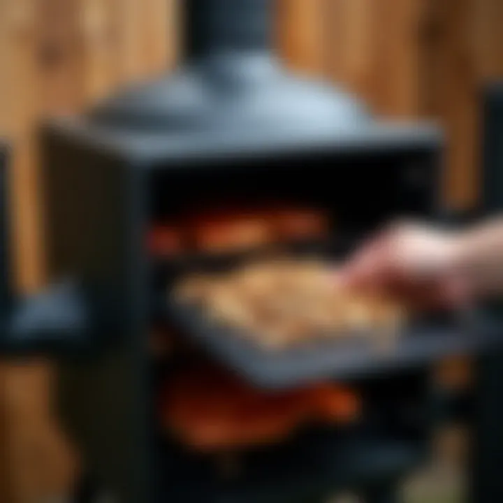 A smoker showcasing its wood chip compartment