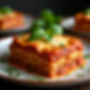 A gourmet lasagna casserole served in an elegant dish, garnished with herbs