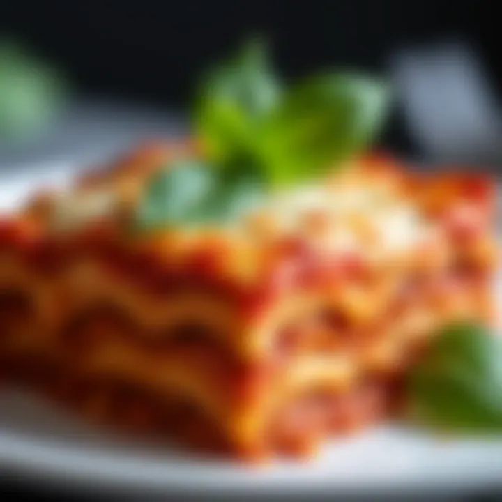 A close-up of a slice of lasagna casserole revealing its delicious layers