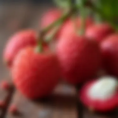 Close-up of fresh litchi fruits and cocktail ingredients