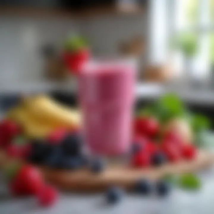 A kitchen countertop with various berry smoothie ingredients