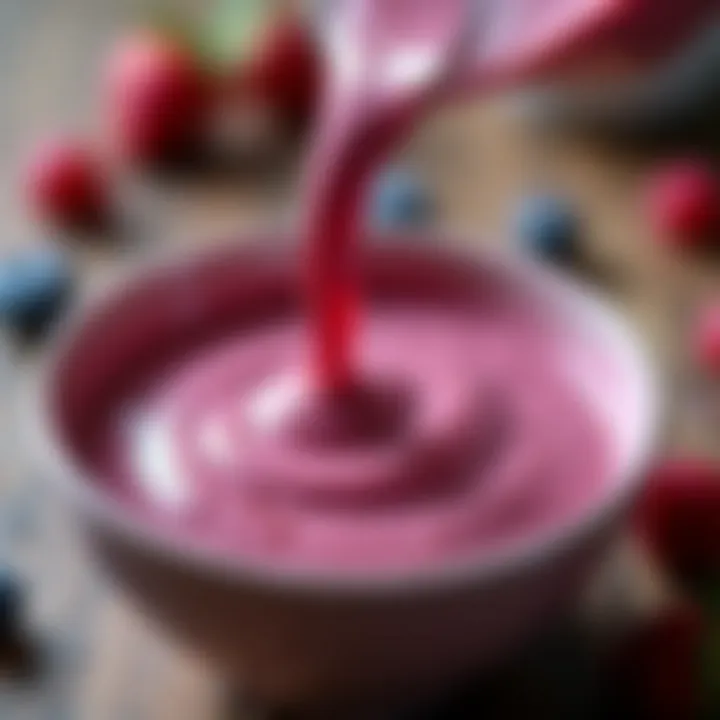 A close-up of a berry smoothie being poured into a bowl