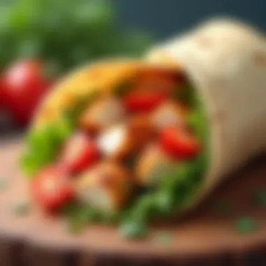 A gourmet wrap filled with diced chicken and fresh ingredients