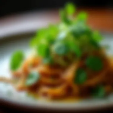 Gourmet Creation with Pea Shoots A gourmet dish featuring pea shoots as a key ingredient