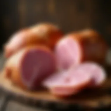 An array of hams showcasing different cuts and styles displayed on a rustic wooden table.