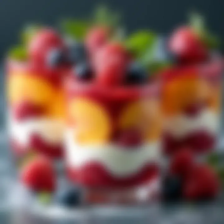 An enticing display of layered parfaits with vibrant fruit and cream.