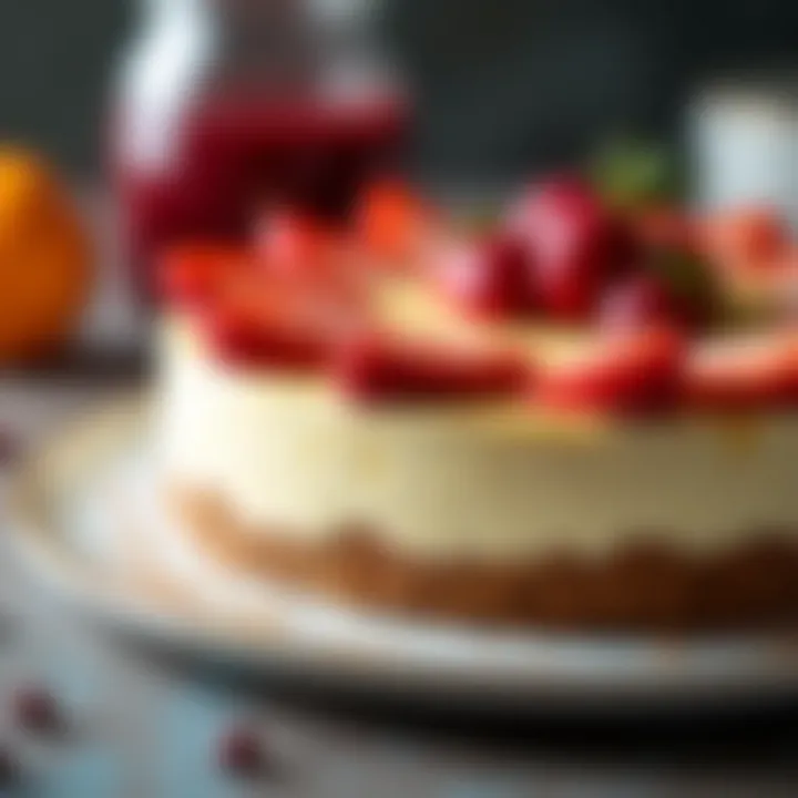 A close-up of a creamy no bake cheesecake garnished with fresh fruits.