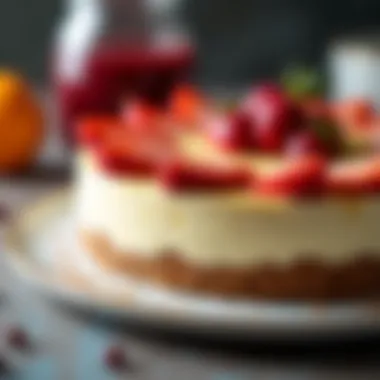 Luscious No Bake Cheesecake Delight A close-up of a creamy no bake cheesecake garnished with fresh fruits.