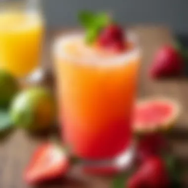 A close-up of a glass filled with fresh juice made from vibrant fruits.