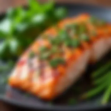 Flavorful grilled salmon with herbs and spices on a plate