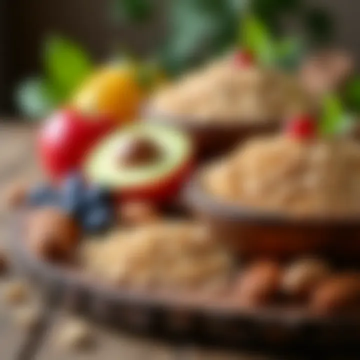 A spread of whole grains, fruits, and nuts on a rustic table