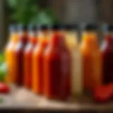 Close-up of various sauce bottles lined up for branding