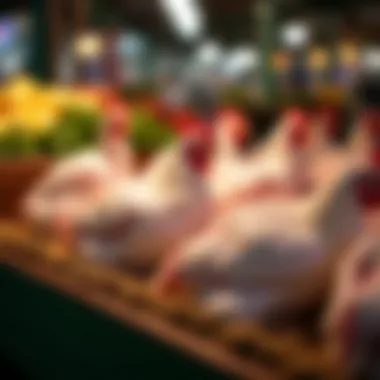 Fresh whole chickens displayed at a local market