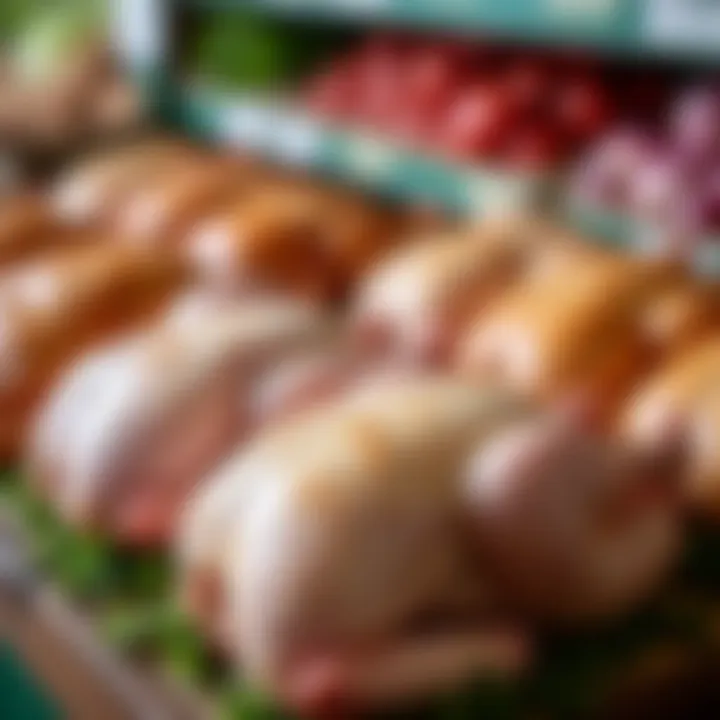 Assortment of whole chickens from various grocery chains