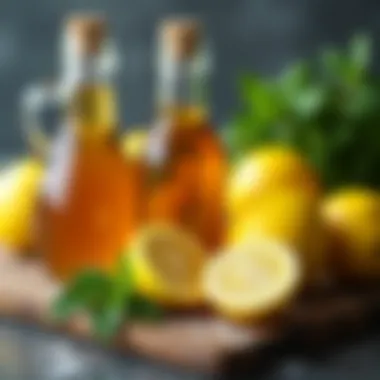 Fresh Ingredients for Weight Management Fresh lemons and apple cider vinegar with herbs