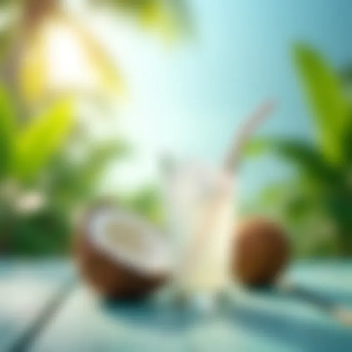 A glass of clear coconut water with a tropical background