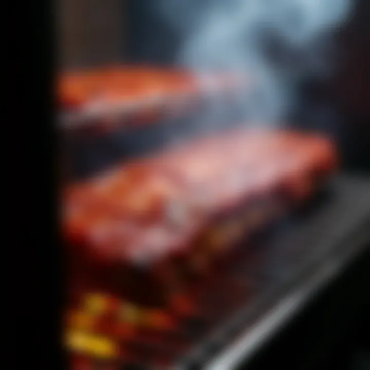 A glimpse into a smoker with ribs inside, showcasing the smoke and heat in action