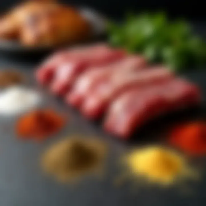 An array of spices and rubs laid out on a table ready for seasoning the ribs