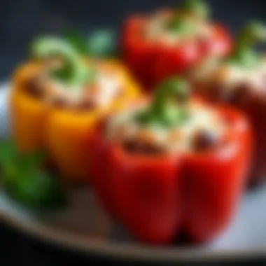 Exquisite Presentation of Oven-Baked Stuffed Peppers Oven fresh stuffed peppers garnished and presented on a plate