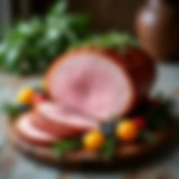 Elegant garnishing of a Smithfield ham with fruits and herbs