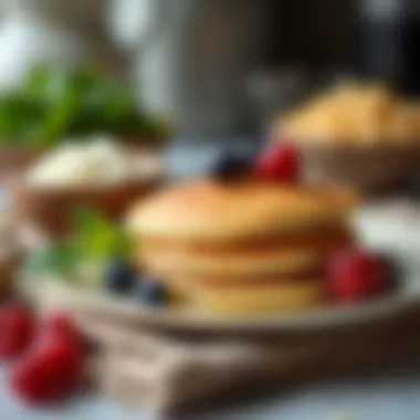 Essentials of pancake ingredients laid out on a kitchen counter