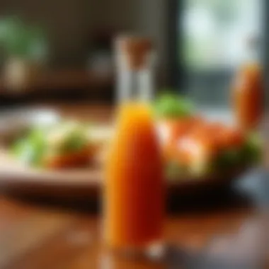 Close-up of a bottle of ponzu sauce on a dining table.