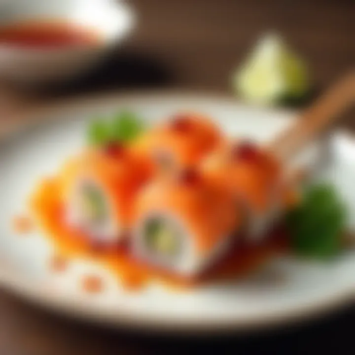 An elegant plate of sushi served with ponzu sauce.