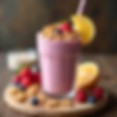 A refreshing protein shake garnished with cereal and fruit