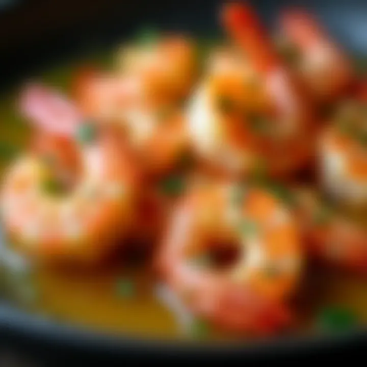 Close-up of succulent shrimp sizzling in garlic butter