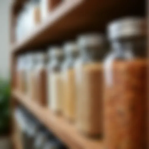 A well-organized pantry showcasing bulk storage containers filled with grains and legumes.