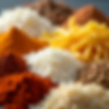 A close-up of a variety of pantry essentials in bulk, including rice, pasta, and spices.