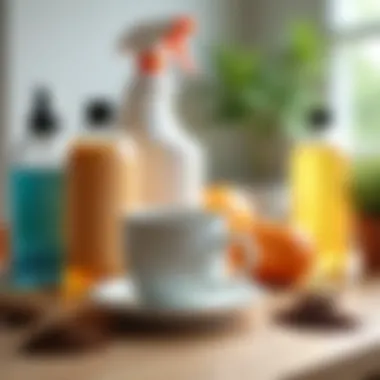 Commercial cleaning products arranged near a coffee mug