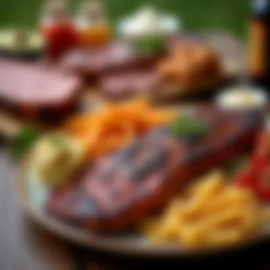 A vibrant spread of various Texas BBQ dishes on a picnic table