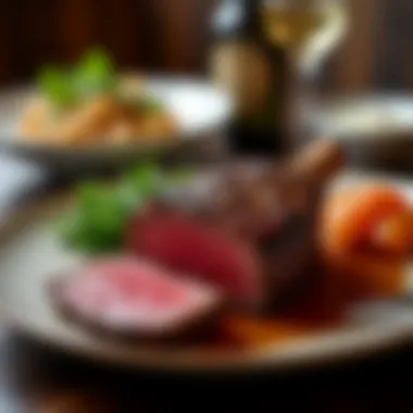 An elegant dining setup featuring the Angus ribeye roast as the centerpiece