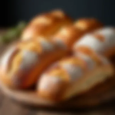 A beautifully arranged setup of different types of bread on a wooden surface.