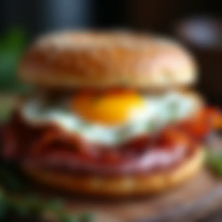 A rustic ham and egg sandwich with a golden fried egg and crispy bacon