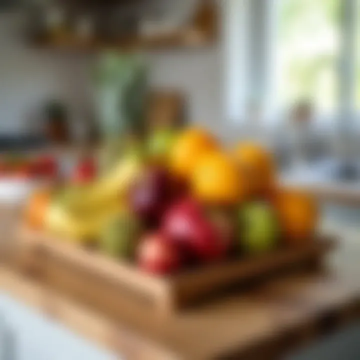 Compact fruit organizer stand in a small kitchen space