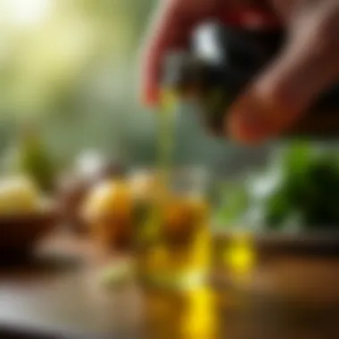 Close-up of olive oil pouring from a premium dispenser