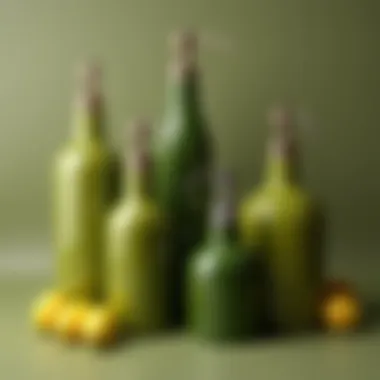 Various designs of green olive oil dispensers arranged artistically