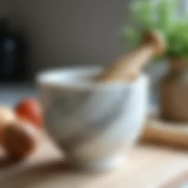 An artistic representation of a marble mortar and pestle in a modern kitchen setting.