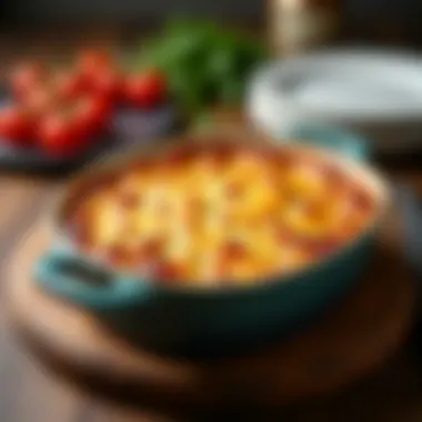 Delicious Baked Casserole An elegantly baked casserole in an oven-proof dish with a lid, ready to serve.