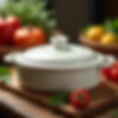 Close-up of a ceramic oven-proof dish with a lid, highlighting its craftsmanship and durability.