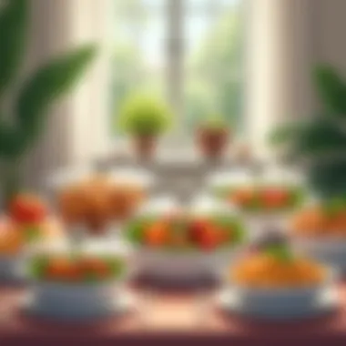 Elegant Table Setting with Oven-Proof Dishes A beautifully arranged table featuring oven-proof dishes with lids filled with vibrant, healthy ingredients.