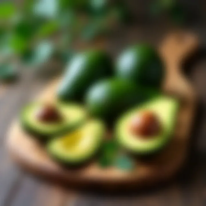 A variety of avocado types displayed on a wooden board