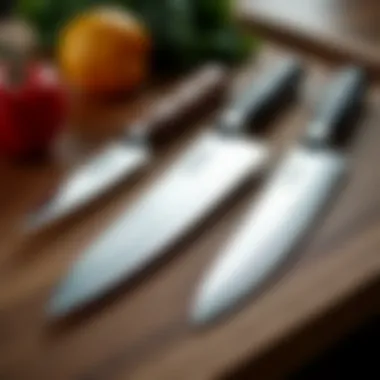 An array of high-quality Japanese chef knives displayed on a wooden surface.