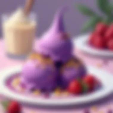 A beautifully plated dessert featuring ube ice cream and toppings